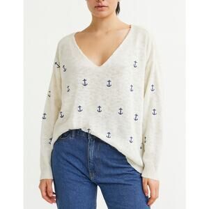 Mia & Tess V Neck Anchor Embroidered Long Sleeve Lightweight Sweater White XL